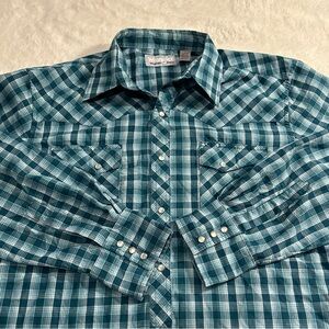 Wrangler Wrancher Shirts Mens Sz L Blue/Green Plaid Pearl Snap Long Sleeve